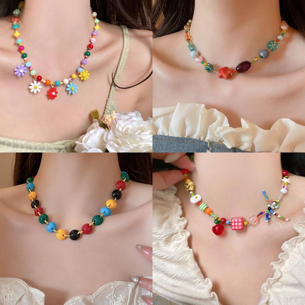 夏日彩色星星串珠吊坠项链女甜美