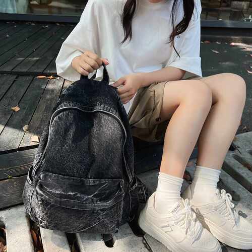 复古牛仔布双肩包女简约韩版大学生书包男高中初中生旅行背包软包