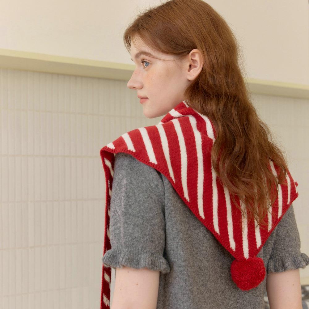 2025新款日系可爱条纹球球三角围巾女秋冬休闲百搭护颈披肩围脖潮