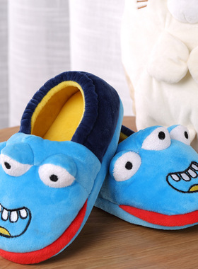 儿童棉拖鞋冬季包跟家居卡通防滑软底木地板静音蓝色包跟儿童棉鞋
