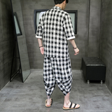 夏季2026风棉麻格子开衫套装汉服套装特价A3025-p60，男装休闲套装，钱塘7008(原4008)