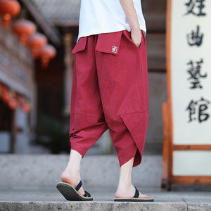 夏新款风2026夏男 刺绣宽松 棉麻哈伦裤七分裤K08 P55图片