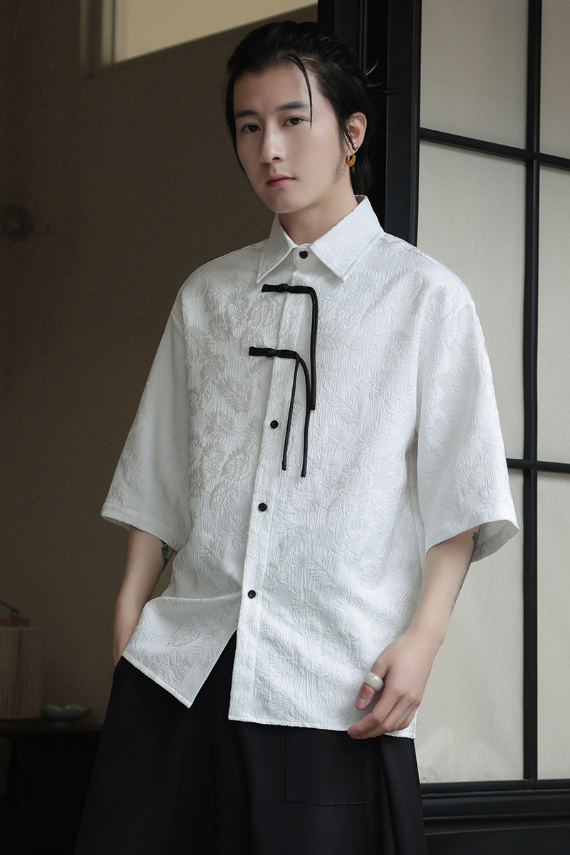 2026夏提花新中式风盘扣团购汉服唐装短袖衬衫A639*P60,男装T恤,钱塘7008(原4008)