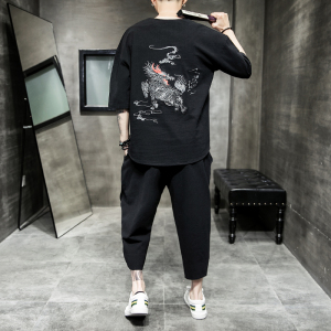 A722*爆款2021夏季 麒麟刺绣棉麻 T恤+七分裤套装P100,男装休闲套装,钱塘7008(原4008)
