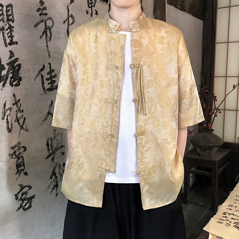 2色八角提花夏季新品2026风汉服短袖衬衫/衬衣A686-p48，男装T恤，钱塘7008(原4008)