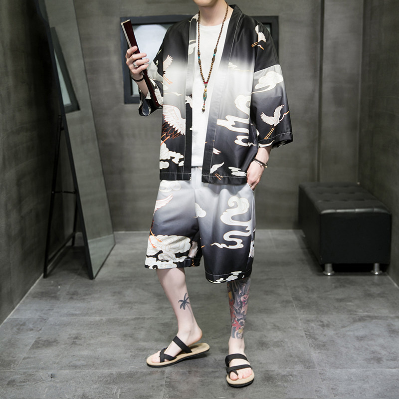 A3028*大码2021新款中国风 仙鹤 男装冰丝面料 汉服套装p80图片