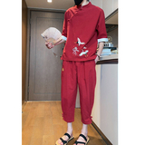 短视频风2026夏仙鹤刺绣棉麻T恤+九分裤短袖套装A736-P100，男装T恤，钱塘7008(原4008)