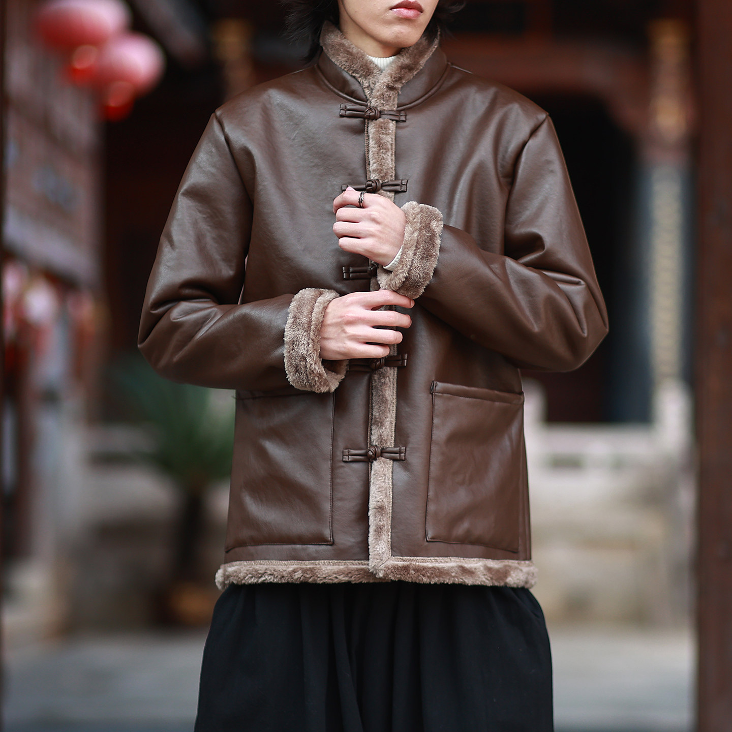 冬2025新中式加绒加厚盘扣外套 PU皮毛一体棉衣外套A526-P148图片