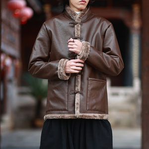 冬2025新中式加绒加厚盘扣外套 PU皮毛一体棉衣外套A526-P148图片