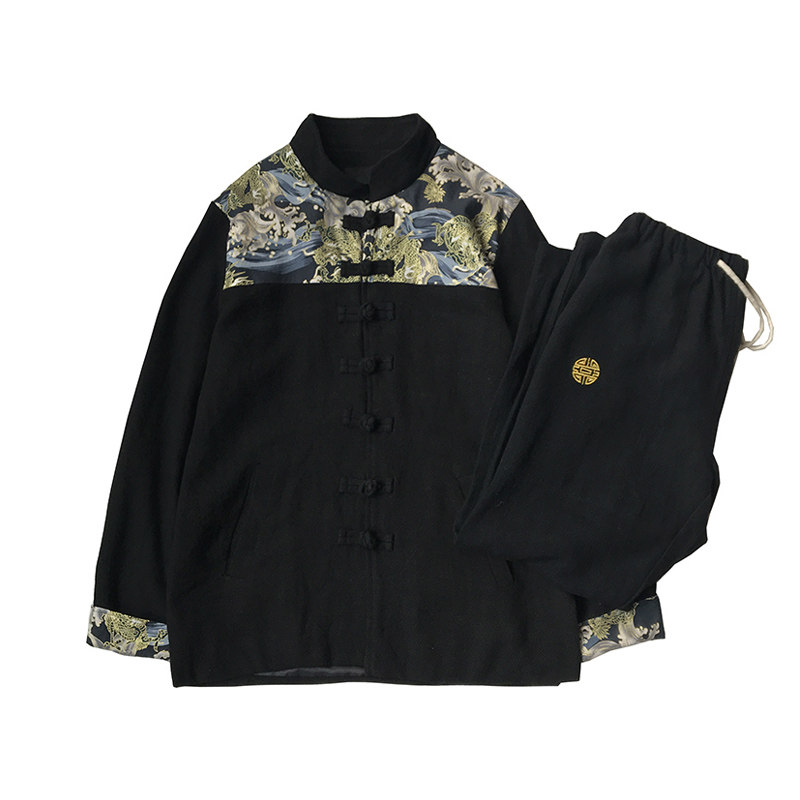 A703风拼接款2021秋冬盘扣棉麻汉服套装,男装民族服装,钱塘7008(原4008)