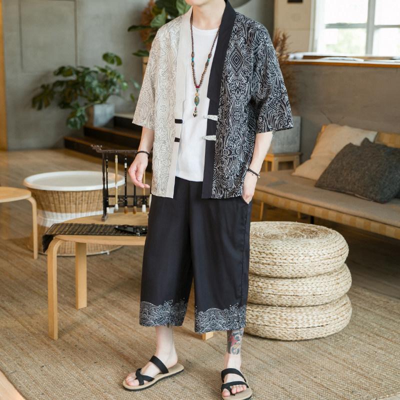 A3017*咖啡厅大码2021中国风数码冰丝开衫套装汉服套装p90,男装休闲套装,钱塘7008(原4008)
