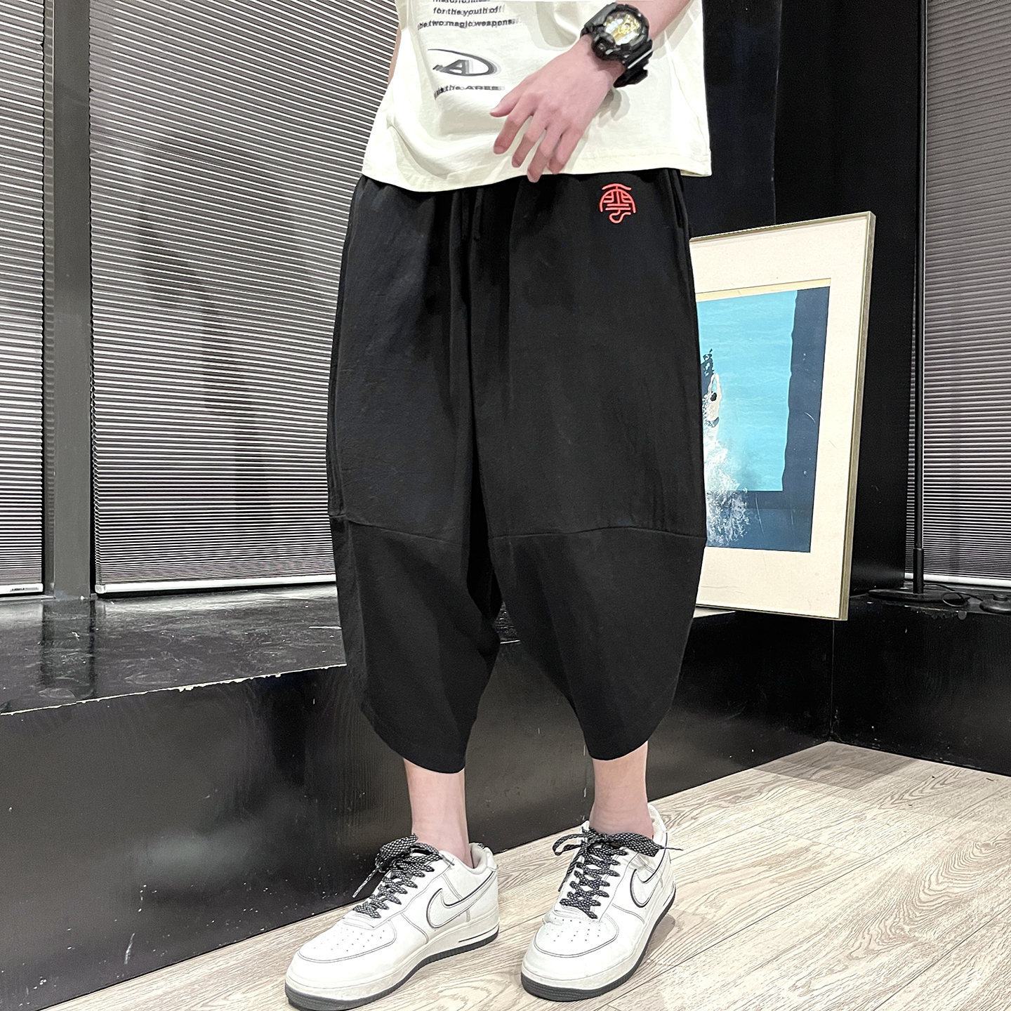 夏新款风2025夏男刺绣宽松棉麻哈伦裤七分裤K08P55，男装牛仔裤，钱塘7008(原4008)