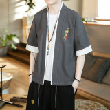 JJ001汉服中国风大码2021夏棉麻假两件男开衫p40，男装民族服装，钱塘7008(原4008)