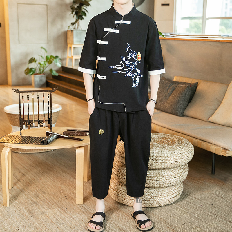 A1041*夏咖啡厅中国风2021刺绣短袖T恤+七分裤套装P105，男装休闲套装，钱塘7008(原4008)