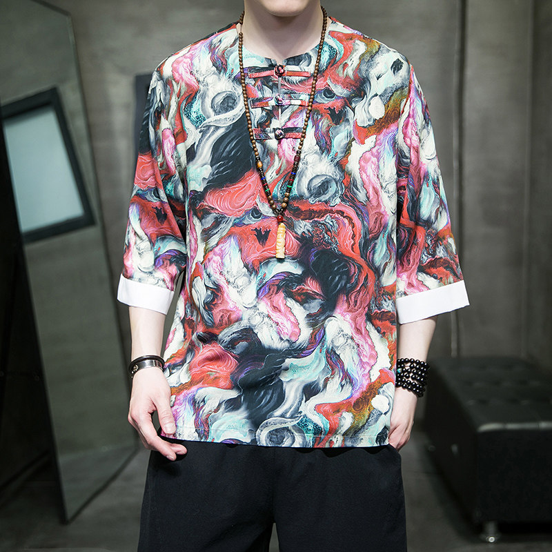 特价有货冰丝大码风夏2026汉服盘扣男短袖T恤特价A883*p45，男装T恤，钱塘7008(原4008)