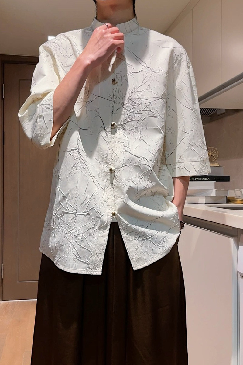 烫金褶皱设计夏季新品2025风汉服短袖衬衫/衬衣A811-p65,男装T恤,钱塘7008(原4008)