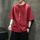 刺绣款大码男风夏2026仿麻汉服短袖衬衫/衬衣A862-p55，男装T恤，钱塘7008(原4008)