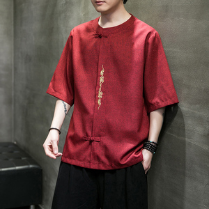 刺绣款 大码男 风夏2026 仿麻汉服短袖衬衫/衬衣A862-p55图片