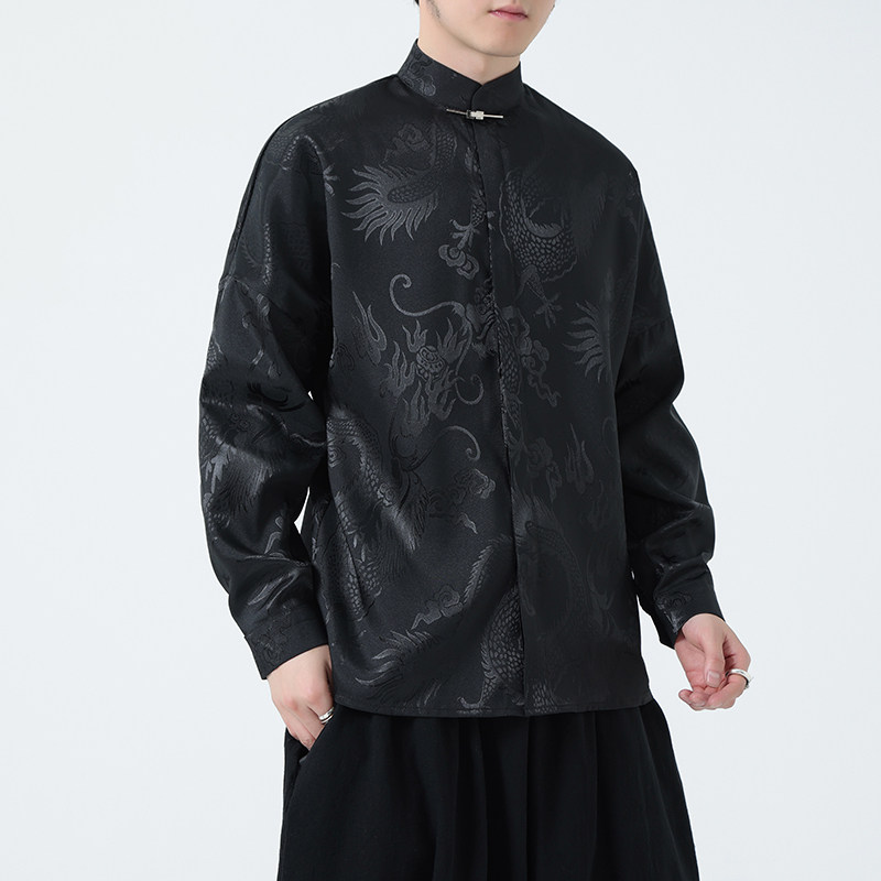 百搭2026春大龙年提花黑白色新中式长袖汉服衬衫A620*P70,男装衬衫,钱塘7008(原4008)