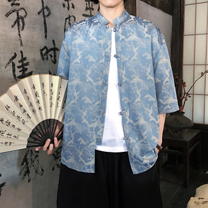 仙鹤提花 夏季新品2026 风 汉服短袖衬衫/衬衣A678-p65，男装T恤，钱塘7008(原4008)