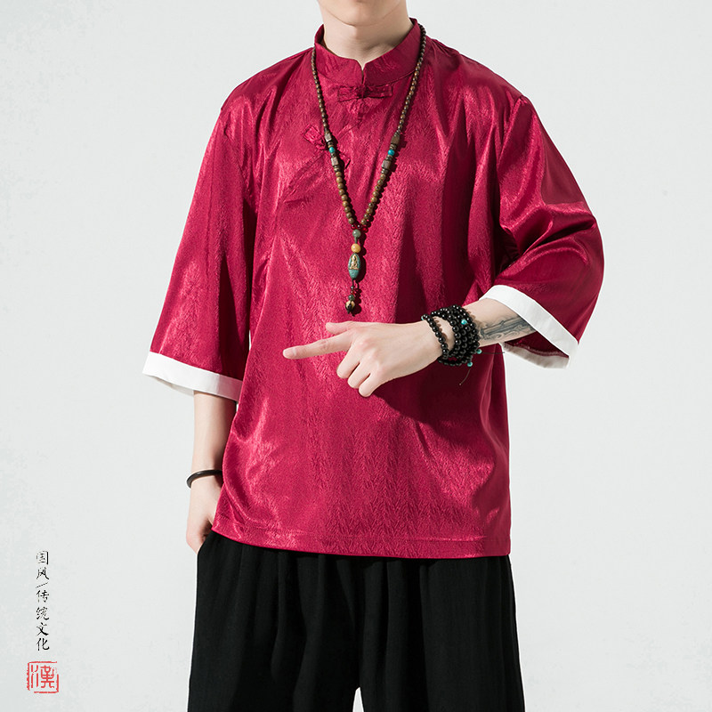 特价风夏2026冰丝抗皱唐装汉服短袖T恤特价A870p35,男装T恤,钱塘7008(原4008)