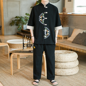 A3000*咖啡厅中国风大码2021 半圆刺绣 短袖T恤+长裤套装P100图片