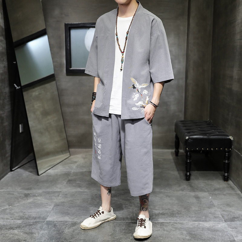 夏款男2026大码风刺绣开衫套装汉服套装特价A1070-p80,男装休闲套装,钱塘7008(原4008)