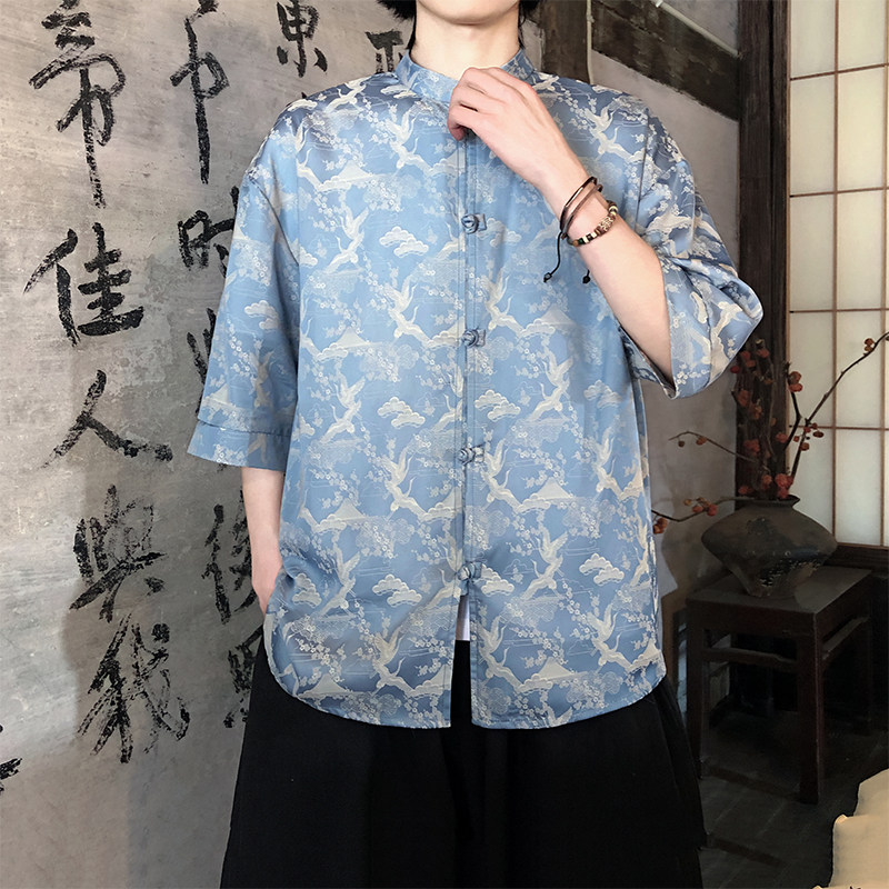 仙鹤提花夏季新品2026风汉服短袖衬衫/衬衣A678-p65,男装T恤,钱塘7008(原4008)