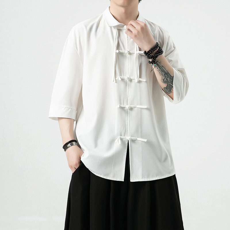 新中式平铺白底夏季2024汉服冰丝短袖衬衫/衬衣A891-p65,男装T恤,钱塘7008(原4008)