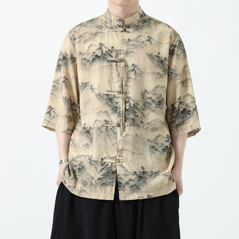 现货特P502026夏季男装风唐装汉服新中式短袖衬衣A681,男装T恤,钱塘7008(原4008)