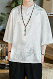 A3012咖啡厅中国风2021夏冰丝龙花斜盘扣立领短袖T恤p50，男装T恤，钱塘7008(原4008)