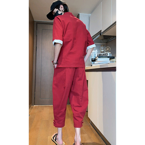 短视频风2026 夏 仙鹤刺绣棉麻 T恤+九分裤短袖套装A736-P100图片