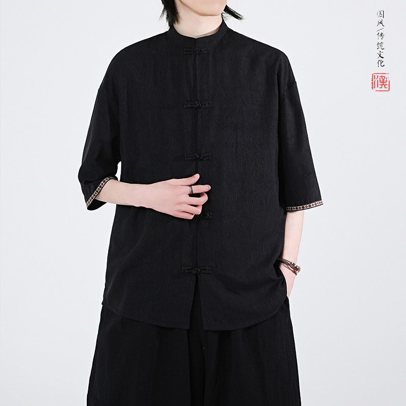 新品夏2026防皱冰丝3色风汉服短袖衬衫/衬衣A670-p60,男装T恤,钱塘7008(原4008)