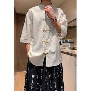 跑量竹节仿麻百搭单色 夏2026 风 汉服短袖衬衫/衬衣A810-p45图片