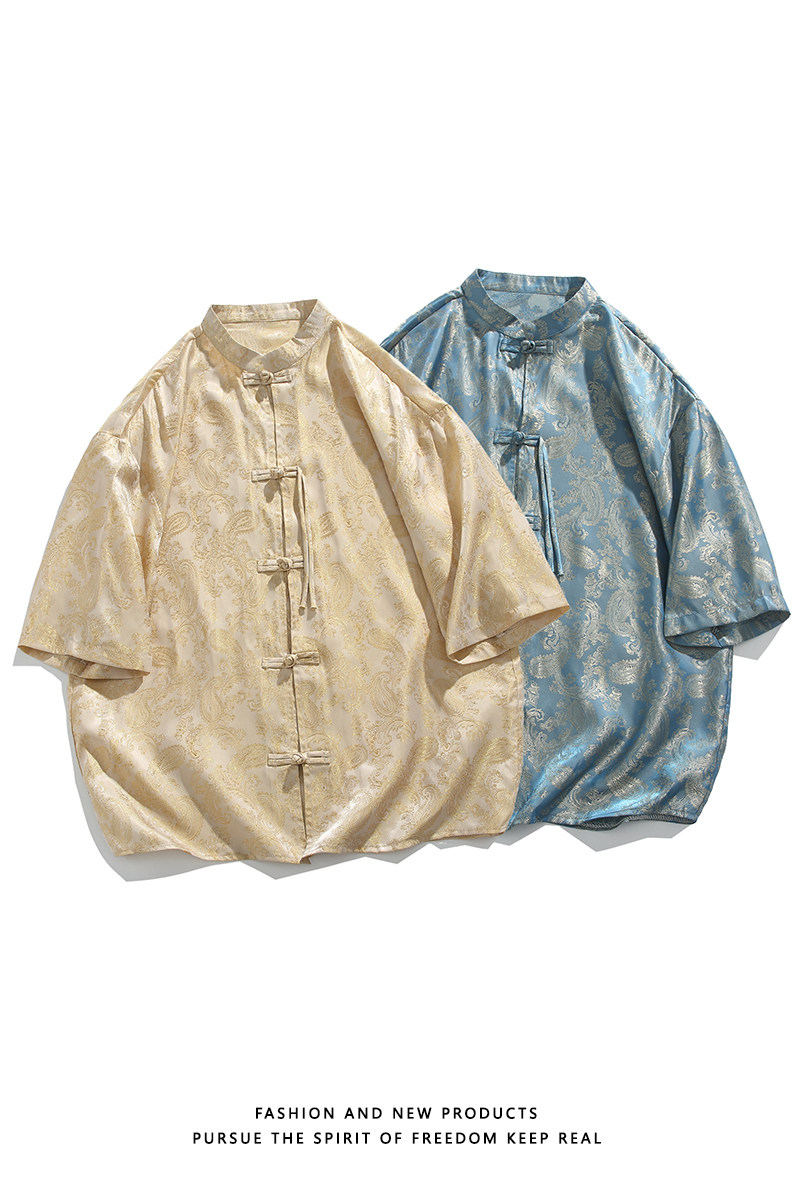 2色八角提花夏季新品2025风汉服短袖衬衫/衬衣A686-p48,男装衬衫,钱塘7008(原4008)