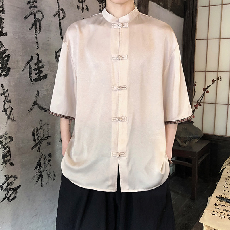 新品夏2026防皱冰丝3色风汉服短袖衬衫/衬衣A670-p60,男装T恤,钱塘7008(原4008)