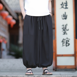 风仿麻竖条百搭2026春夏宽松版哈伦灯笼裤子A611-p68