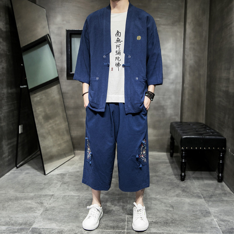 A730*男款2021大码夏季中国风刺绣款开衫套装汉服套装p100，男装套装，钱塘7008(原4008)