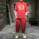 A1040*中国风2021龙凤刺绣棉麻短袖T恤+七分裤套装P100，男装休闲套装，钱塘7008(原4008)