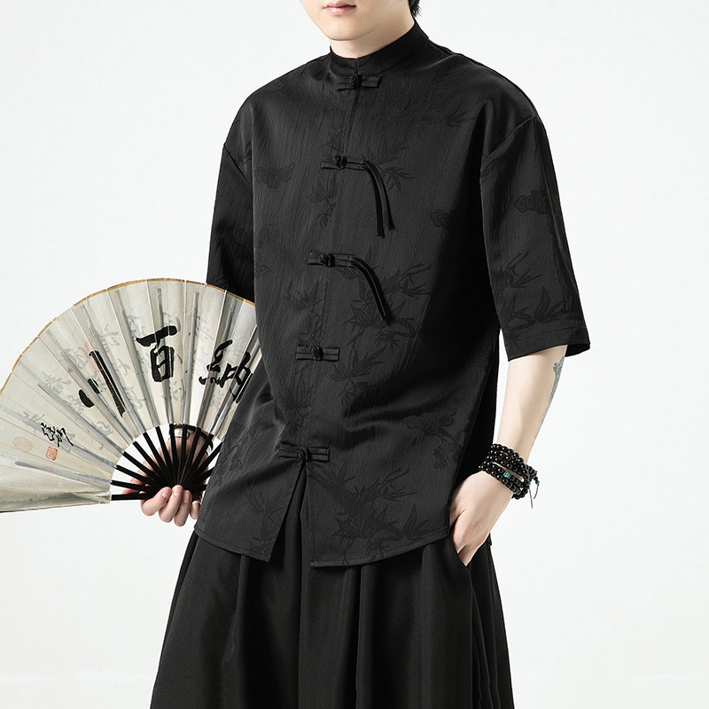 抖音直播品质冰丝竹子夏风2024盘扣短袖汉服衬衫A890-p65,男装T恤,钱塘7008(原4008)
