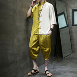 夏款2026大码风拼色冰丝面料盘扣汉服短袖套装A873-p90，男装T恤，钱塘7008(原4008)
