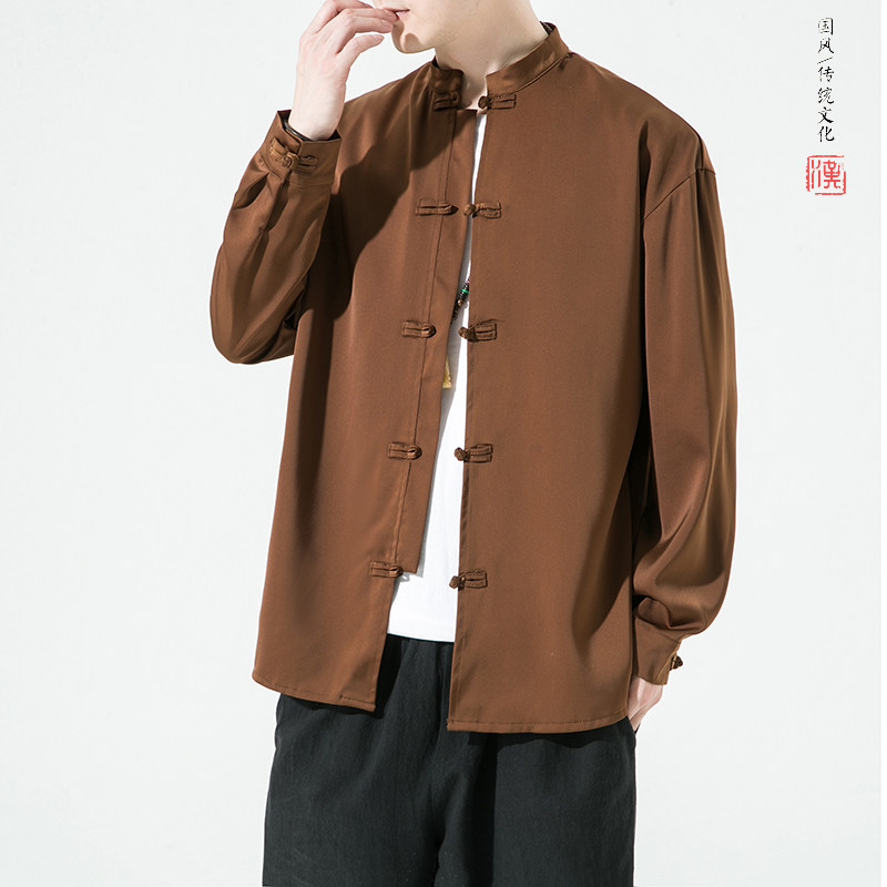 风2026春百搭白色亮面缎纹唐装汉服长袖衬衫A7100*P68,男装衬衫,钱塘7008(原4008)