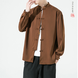 风2026春百搭白色亮面缎纹唐装汉服长袖衬衫A7100*P68，男装衬衫，钱塘7008(原4008)