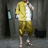 夏款2026大码风拼色冰丝面料盘扣汉服短袖套装A873-p90，男装T恤，钱塘7008(原4008)