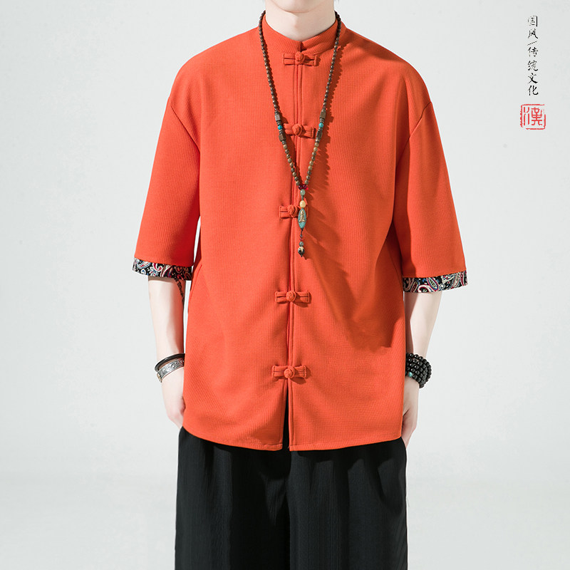 夏新2026新品风华夫格面料汉服唐装短袖男T恤A9005-p48,男装T恤,钱塘7008(原4008)