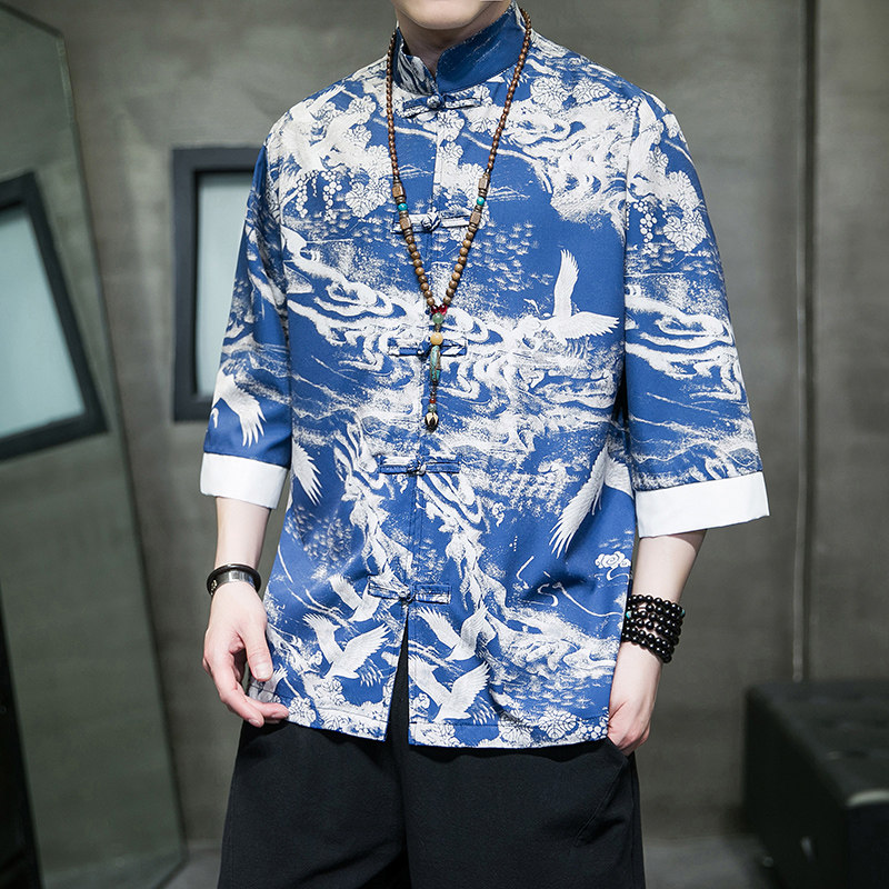 风2026抗皱冰丝夏季盘扣新汉服短袖衬衫/衬衣A878*p60,男装T恤,钱塘7008(原4008)