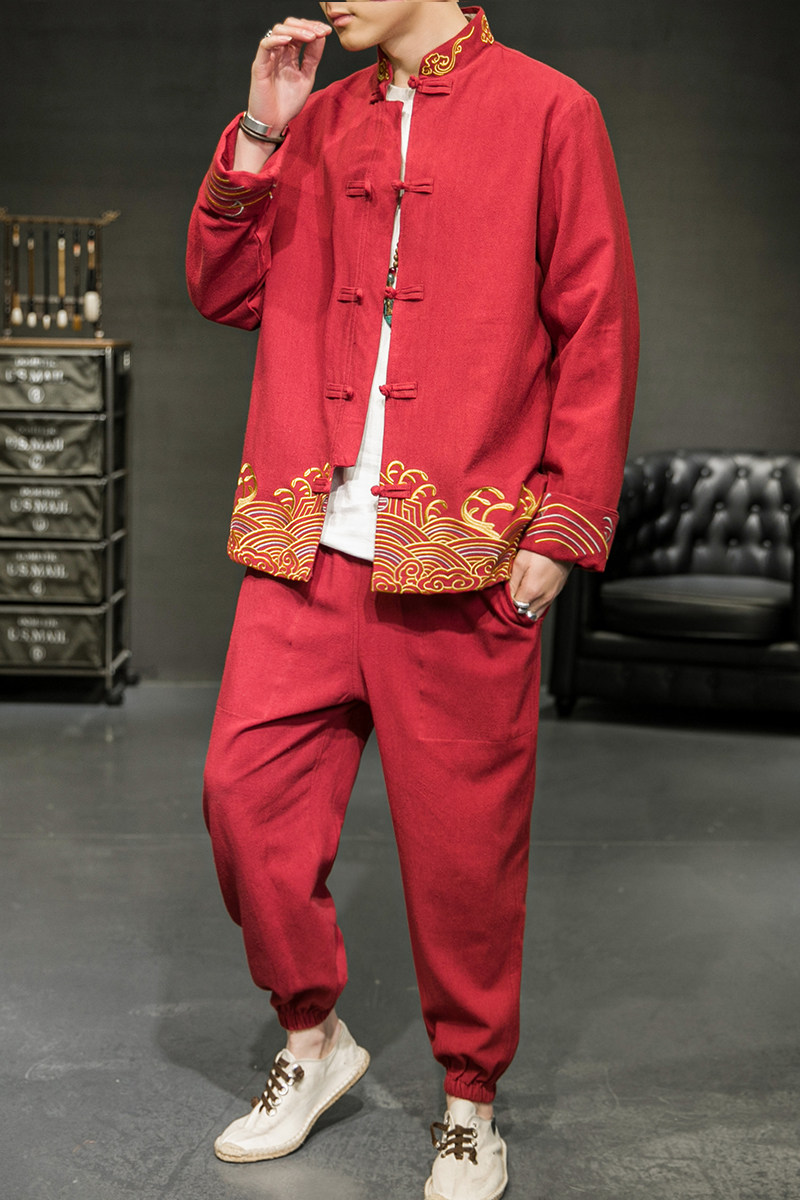 A2029中国风2021爆款撞色刺绣棉麻汉服套装P125,男装民族服装,钱塘7008(原4008)