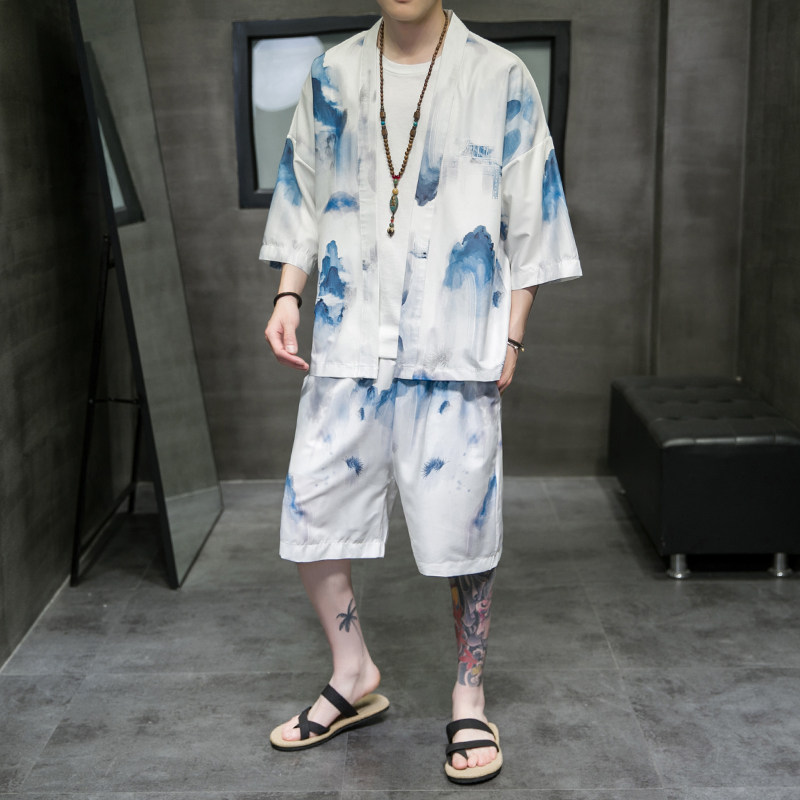 A3021*大码男装主推2021中国风男沙滩休闲冰丝面料汉服套装p80，男装休闲套装，钱塘7008(原4008)