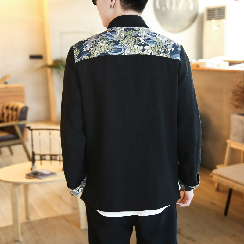 A703风拼接款2021秋冬盘扣棉麻汉服套装,男装民族服装,钱塘7008(原4008)
