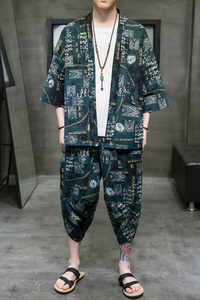 A3004*大码中国风 沙滩休闲 3色 棉麻印花 开衫套装 汉服套装p80图片